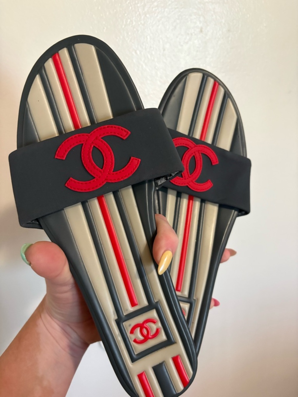 CHANEL Navy & Red Striped Slide Sandals